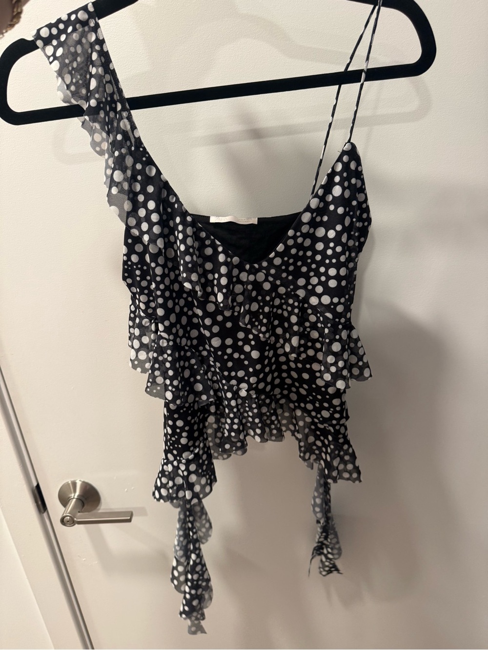 Zara Black and White Polka Dot Asymmetrical Ruffle Camisole